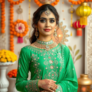 Green Mehndi Outfit with Mirror Work